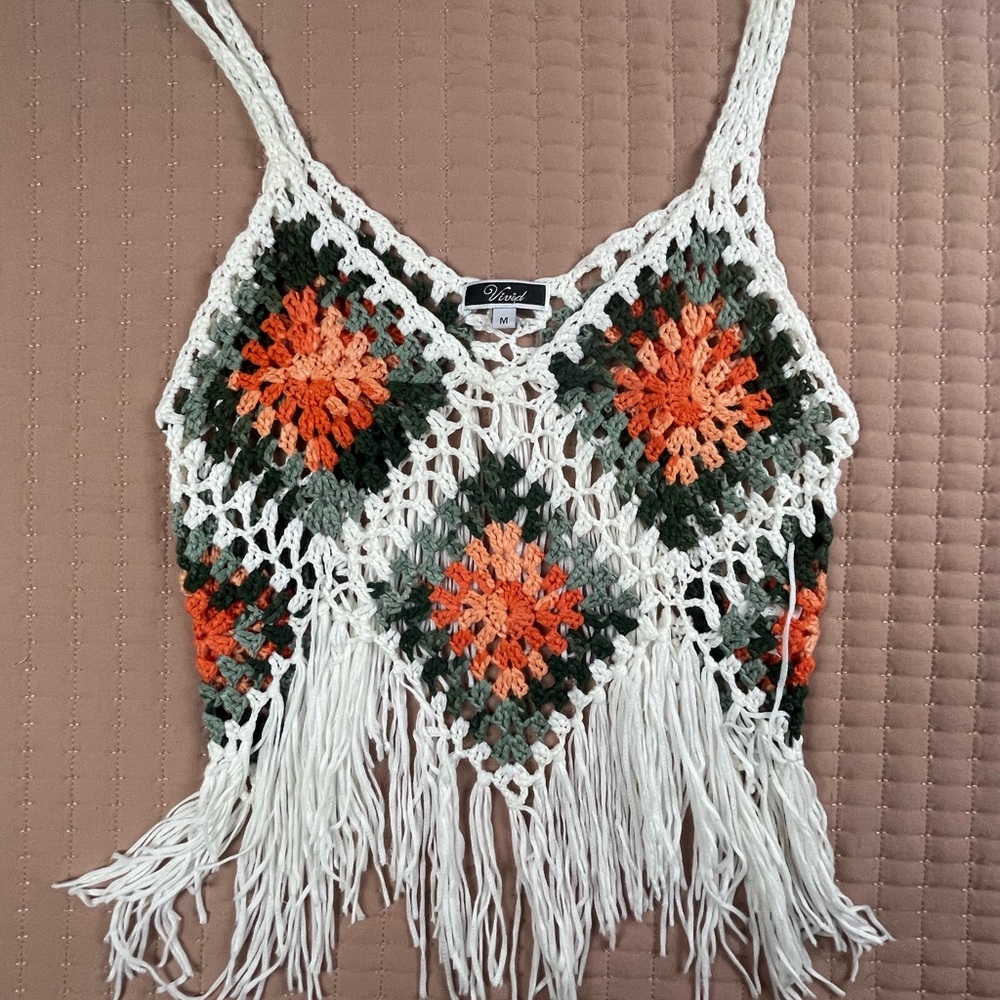 Vivid Crochet Fringe Tank Top with Orange & Green Squares Medium